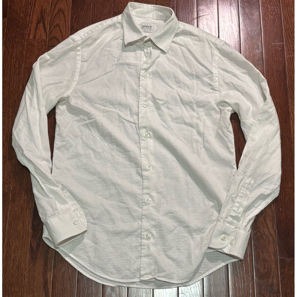 ARMANI COLLEZIONI Waffle Textured Solid White Small Button Up Long Sleeve